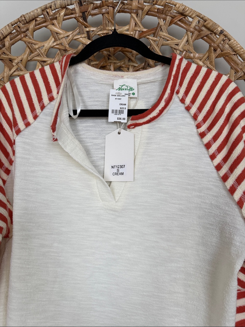 Ariella Cream Knit Raglan Top with Red Striped Sleeves - Picture 3 of 16